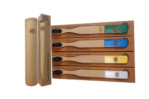 4 Colourful Eco-Friendly Bamboo Toothbrushes & 1 Toothbrush Travel Case Gift Box - Easy-Grip Handle, Bamboo Charcoal Infused Bristles